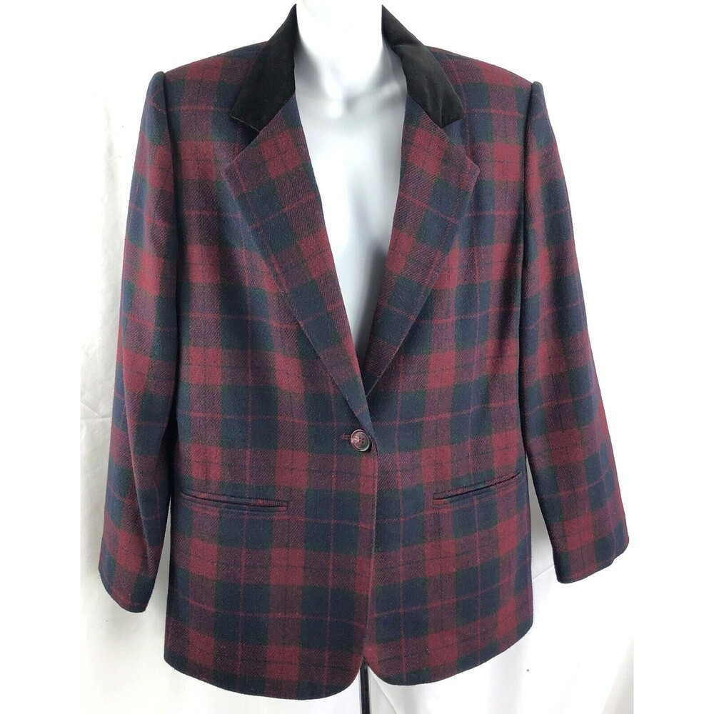 Vintage wool blazer jacket 10 red/blue plaid velvet collar Academia Preppy